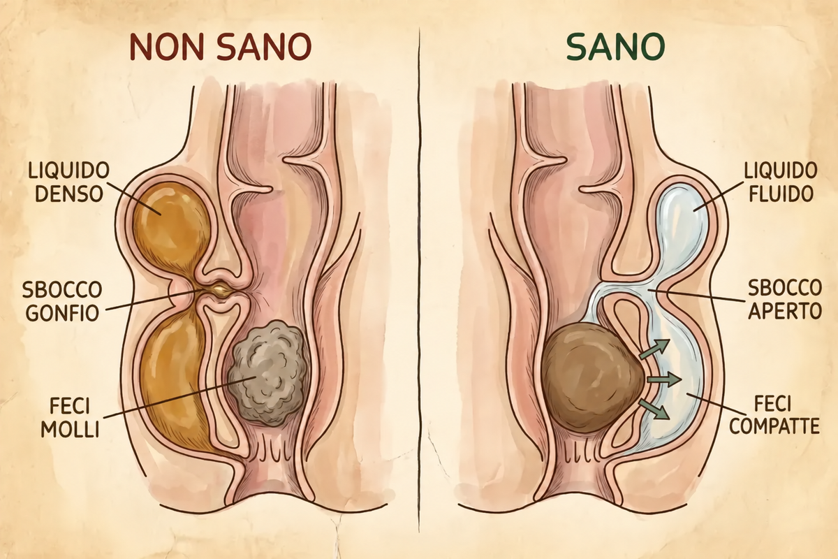 Ghiandola non sana con liquido denso e uscita gonfia, accanto a una ghiandola sana con liquido fluido e uscita aperta