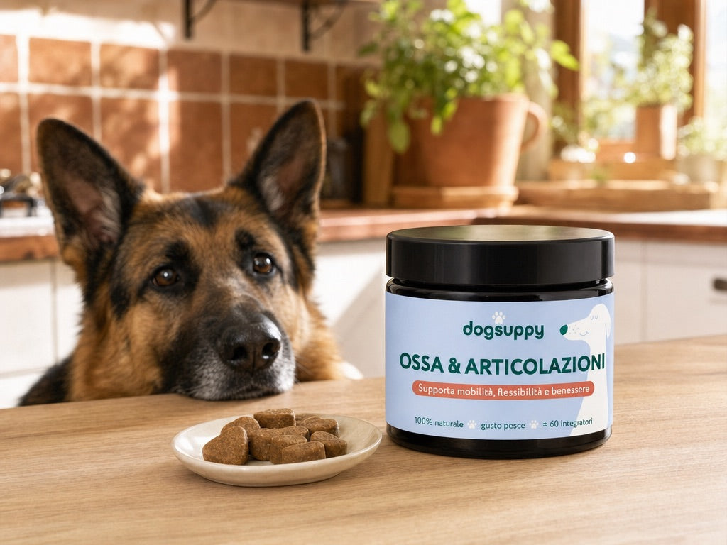 Barattolo DogSuppy Ossa & Articolazioni sul piano di una cucina, garanzia 60 giorni