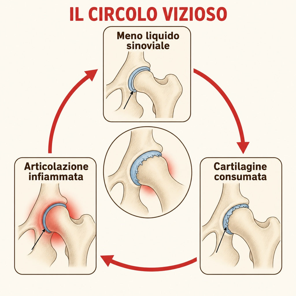 Il circolo vizioso dell'articolazione: meno liquido sinoviale, cartilagine consumata, articolazione infiammata