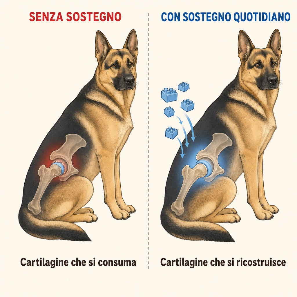 Pastore tedesco senza sostegno con la cartilagine che si consuma e con sostegno quotidiano con la cartilagine che si ricostruisce