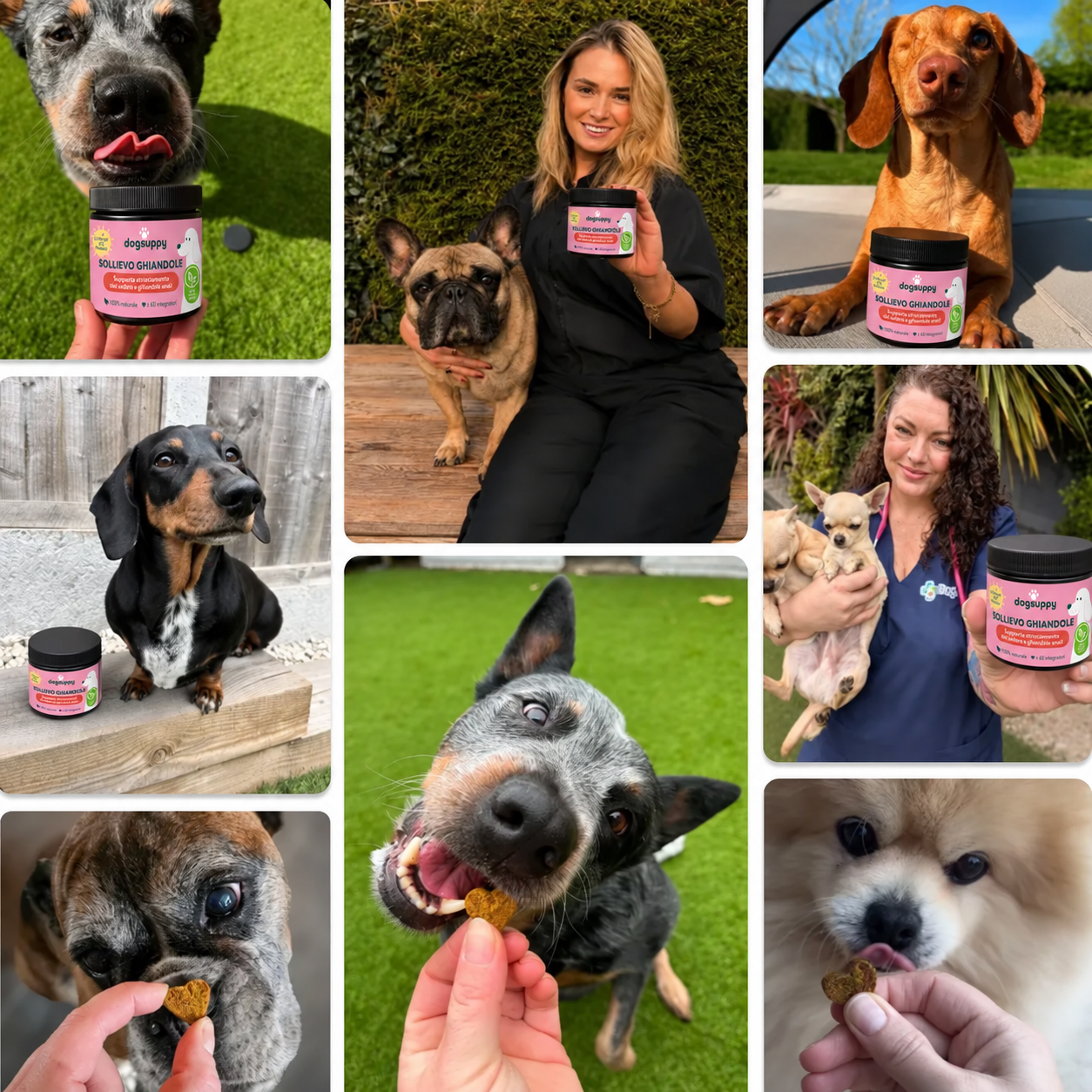 Clienti con i loro cani e DogSuppy Sollievo Ghiandole