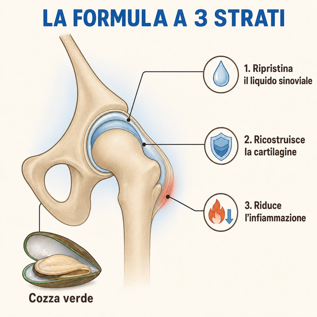 La formula a 3 strati: ripristina il liquido sinoviale, ricostruisce la cartilagine, riduce l'infiammazione